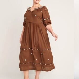 Old Navy Puff-Sleeve Smocked Neck Embroidered Flower Midi Swing Dress